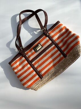 Dana Buchman Orange & Cream Striped Tote with Brown Trim
